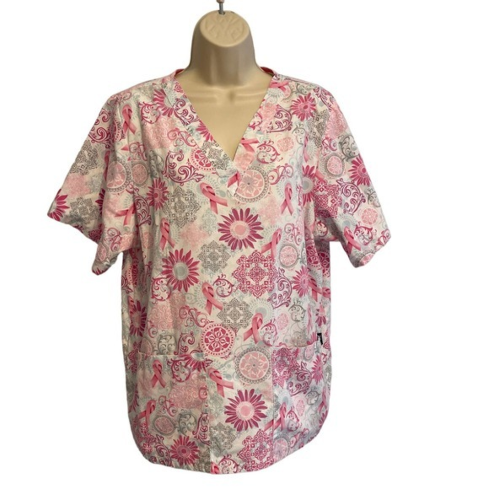 Tafford V Neck Medical‎ Scrub Top Breast Cancer Ribbon design Medium